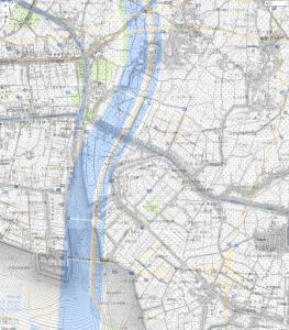 画像　明治42年と平成28年の地図を重ねたもの（新川～中川～小名木川）