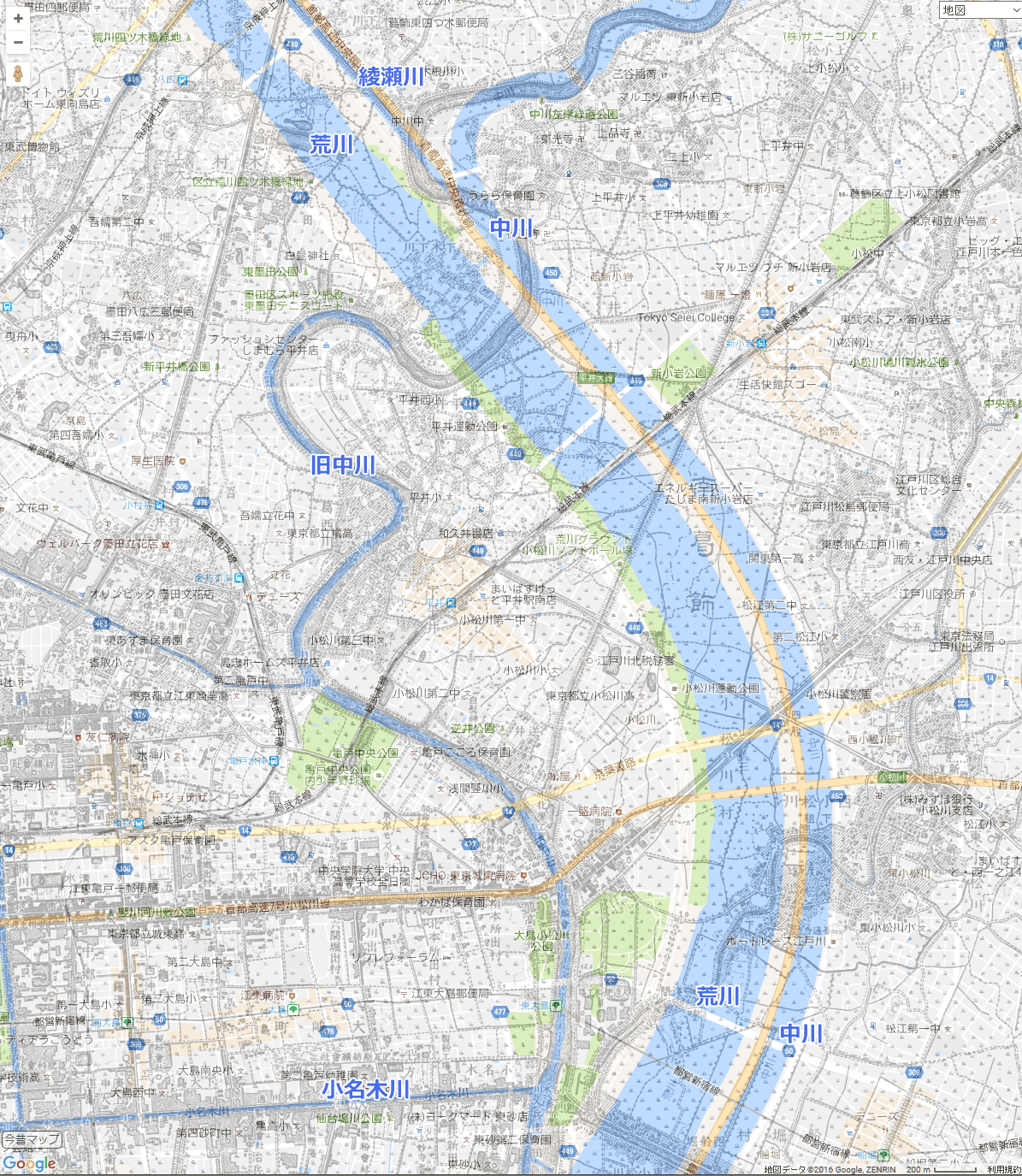 画像　明治42年と平成28年の地図を重ねた江戸川区の地図