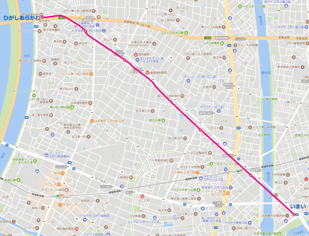 画像　平成28年（2017）の地図に重ねた城東電車江戸川線
