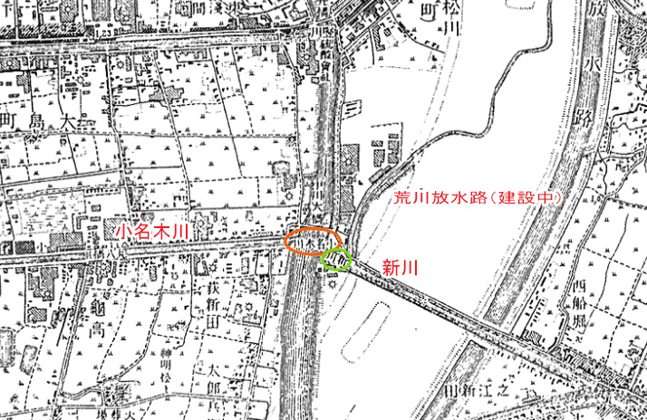 画像　大正8年の地図（小名木川と中川との合流地点）  