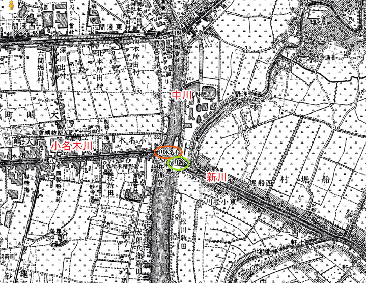 画像　明治42年の地図（小名木川と中川との合流地点）