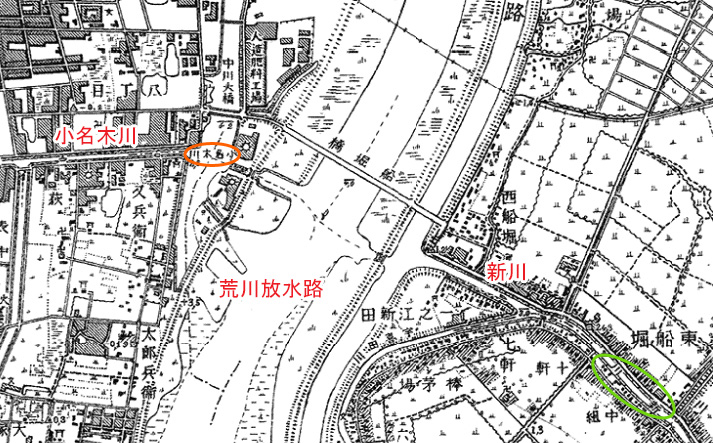 画像　昭和5年の地図（小名木川と中川との合流地点）